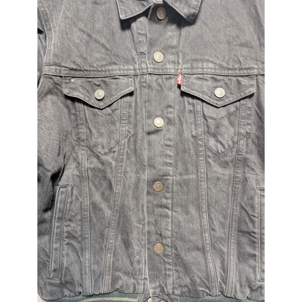 Levis Trucker Jacket Mens Small Black Denim Quilt Lined Logo Collared Snap Front